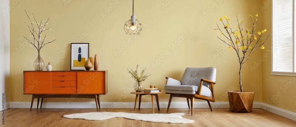 Cozy and stylish mid-century modern living room featuring vintage furniture, vibrant yellow accents, and unique decorative elements, creating a warm and inviting atmosphere. Cozy and stylish mid-century modern living room featuring vintage furniture, vibrant yellow accents, and unique decorative elements, creating a warm and inviting atmosphere.