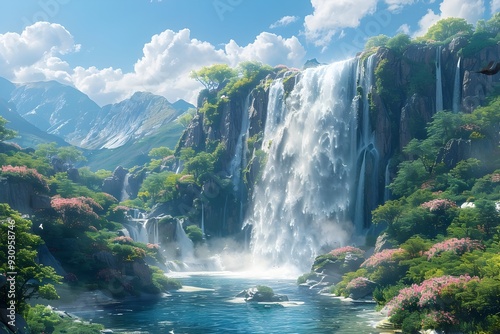 Majestic Cascading Waterfall Surrounded by Lush Tropical Vegetation in Pristine Remote Landscape