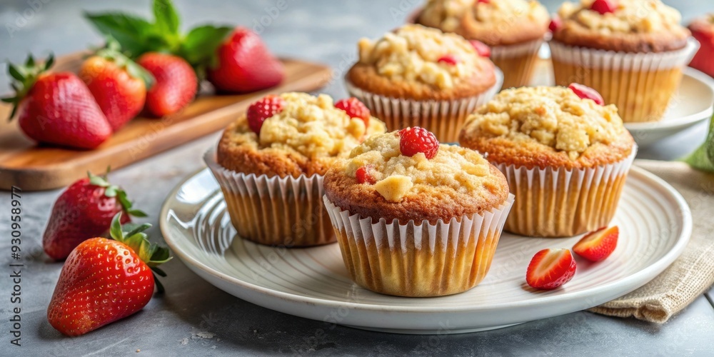 Delicious strawberry muffins topped with buttery streusel for brunch or dessert , strawberry, muffins, streusel, topping