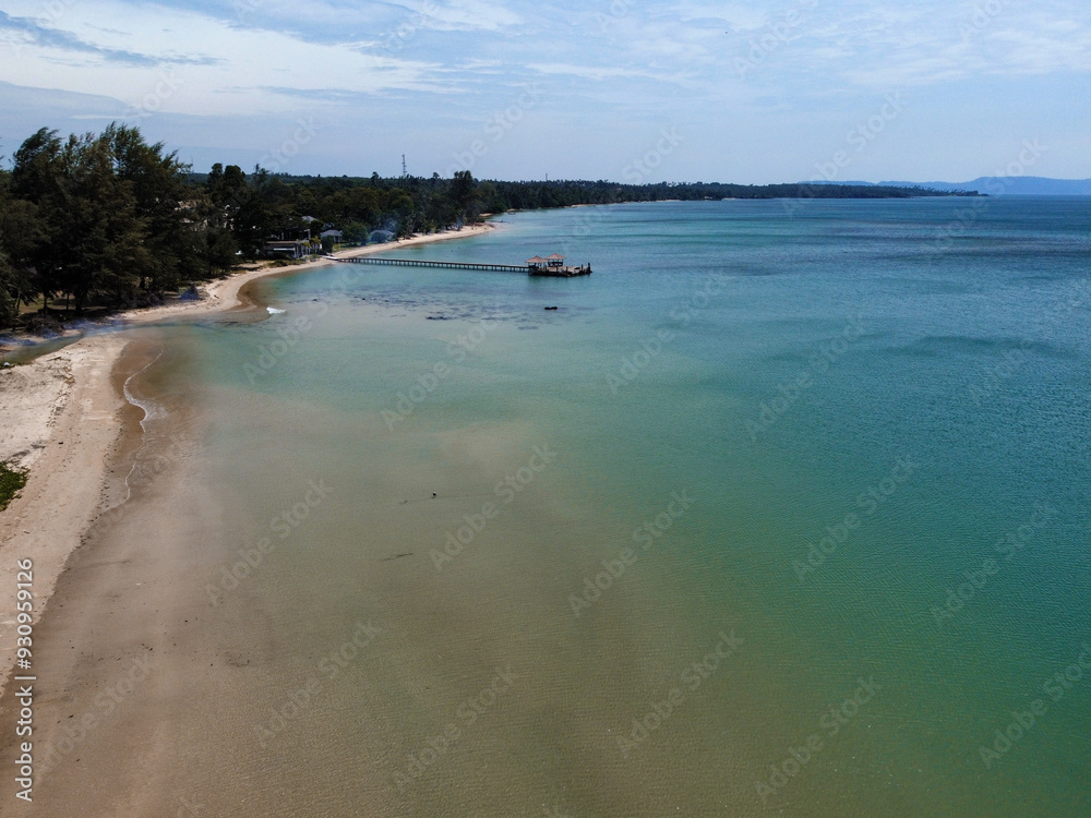 Fototapeta premium Aerial view of Koh Mak with the pier in the background, Thailand