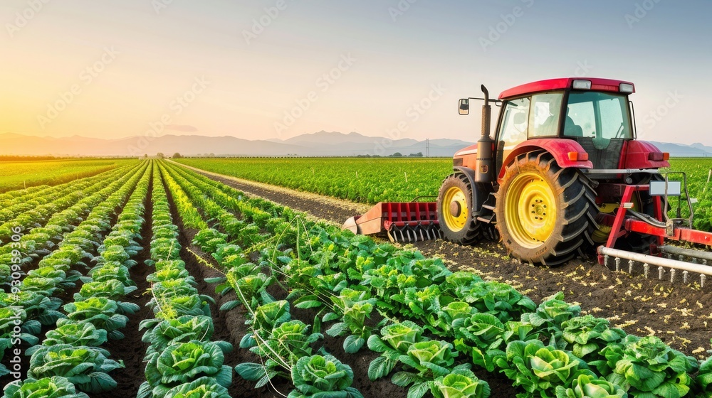 A vibrant farm scene showcasing a tractor working in a lush green field of crops under a bright sunrise. A vibrant farm scene showcasing a tractor working in a lush green field of crops under a bright sunrise.