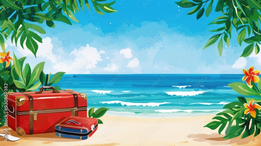 Obraz premium A vibrant tropical beach scene featuring red suitcases surrounded by lush greenery and a stunning ocean view.