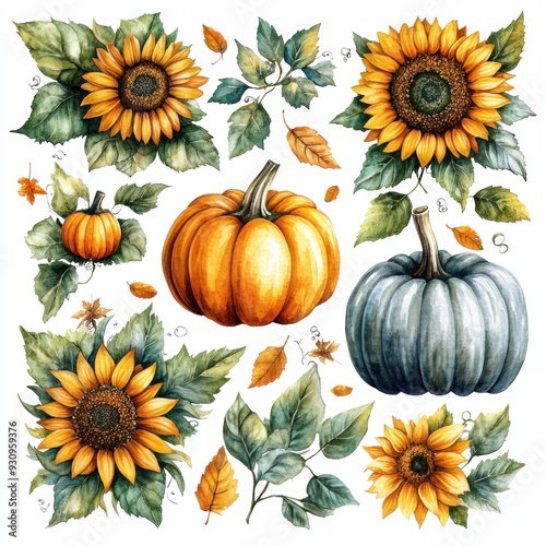 Watercolor Illustration of Sunflowers, Pumpkins, and Leaves