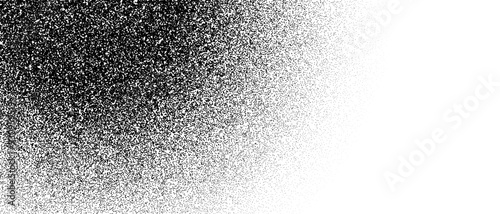 Black stipple curved gradient texture. Grunge dotted noise background. Black gritty splattered sand halftone overlay. Radial distressed sprayed dot work grain with specks, dust, dots, speckles. Vector