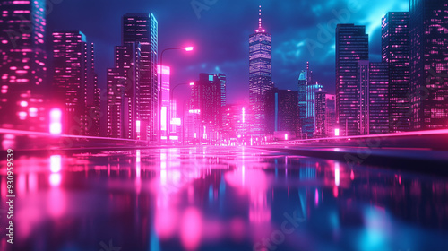 Futuristic neon-lit cityscape with reflections on wet streets at night