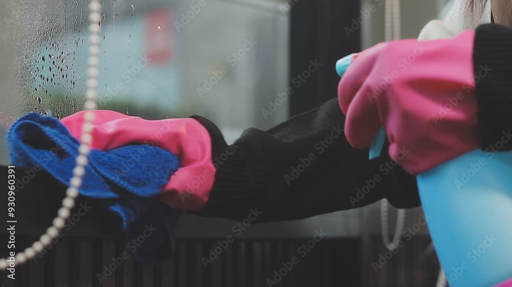 glass cleaner on a sheet of Cleaning glass window with a cloth special rag blue. close up hand glass cleaner on a sheet of Cleaning glass window with a cloth special rag blue. close up hand