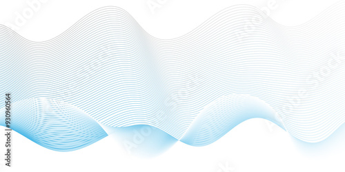 Abstract white, blue blend digital wave line technology transparent background. Minimal carve wavy white, blue flowing wave lines and glowing moving lines. Futuristic sound wave lines background.