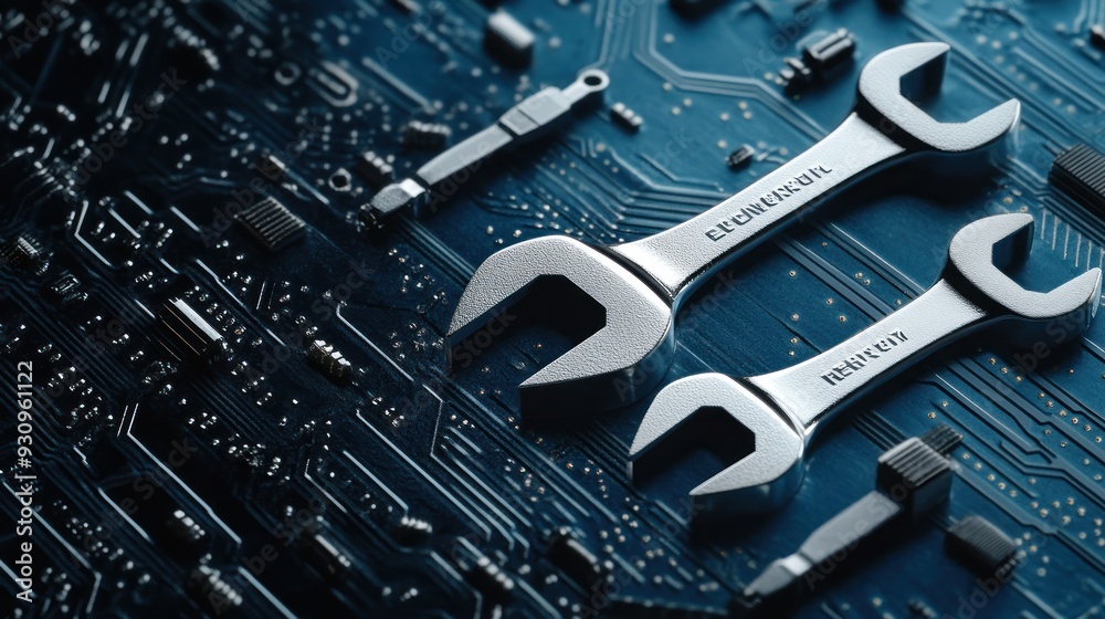 Fototapeta premium Wrench on Circuit Board - Hardware Repair