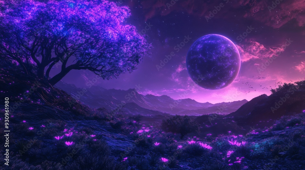 A glowing planet with glowing alien plants in a deep purple and blue atmosphere. The dim light from distant stars creates a vibrant contrast, creating an eye-catching and otherworldly scene. A glowing planet with glowing alien plants in a deep purple and blue atmosphere. The dim light from distant stars creates a vibrant contrast, creating an eye-catching and otherworldly scene.