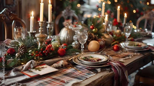 Christmas table setting for traditional lunch or dinner