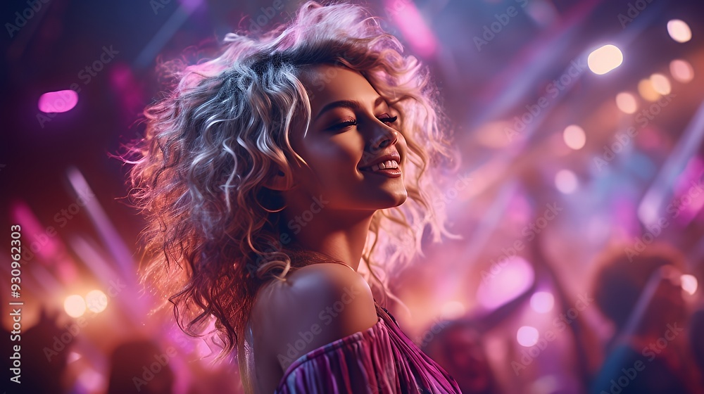 A young woman with blonde curly hair smiles as she dances in a crowded nightclub, surrounded by flashing lights. A young woman with blonde curly hair smiles as she dances in a crowded nightclub, surrounded by flashing lights.