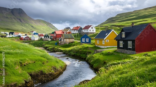 Colorful houses of Gjogv village with small river