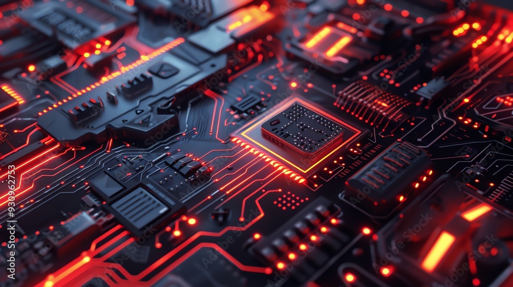 Circuit Board Close Up with Glowing Lines Circuit Board Close Up with Glowing Lines