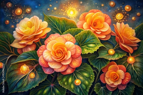 Fantasy ,Elegant and Beautiful Hand Drawn Surrealist Acrylic Painting Flowers of Begonia (Begonia) , Small Light glowing effect and Gold Leaf effect of particles