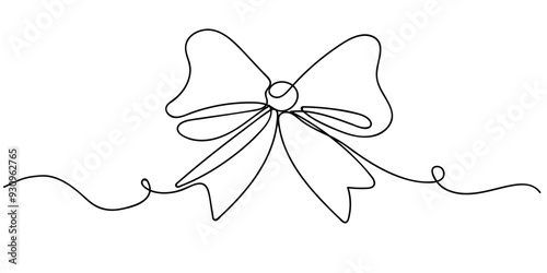 One continuous line drawing of a festive bow on a white background. Christmas and birthday present wrap in simple linear style. Concept of holiday and celebration. Vector illustration in doodle style