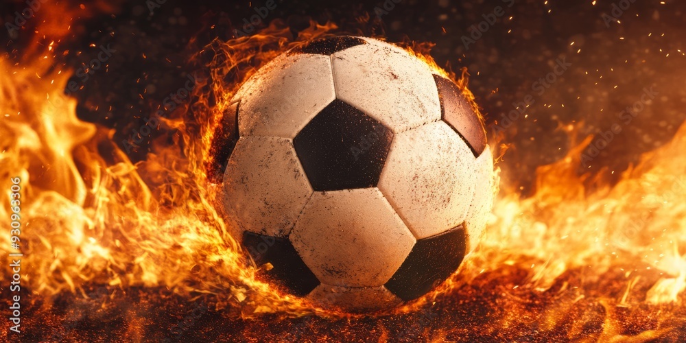 Fototapeta premium An intense scene featuring a soccer ball engulfed in flames, symbolizing the fiery passion of the game.