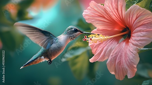 Macro photography of a hummingbird feeding on a hibiscus flower