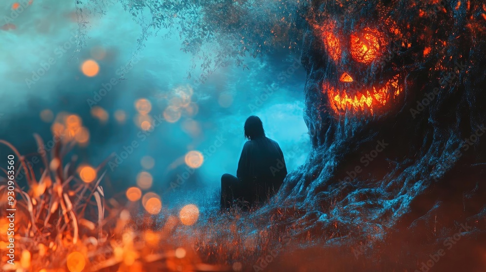 A mysterious figure sits near a glowing, carved pumpkin tree in a foggy, atmospheric forest, evoking Halloween's enchanting spirit. A mysterious figure sits near a glowing, carved pumpkin tree in a foggy, atmospheric forest, evoking Halloween's enchanting spirit.