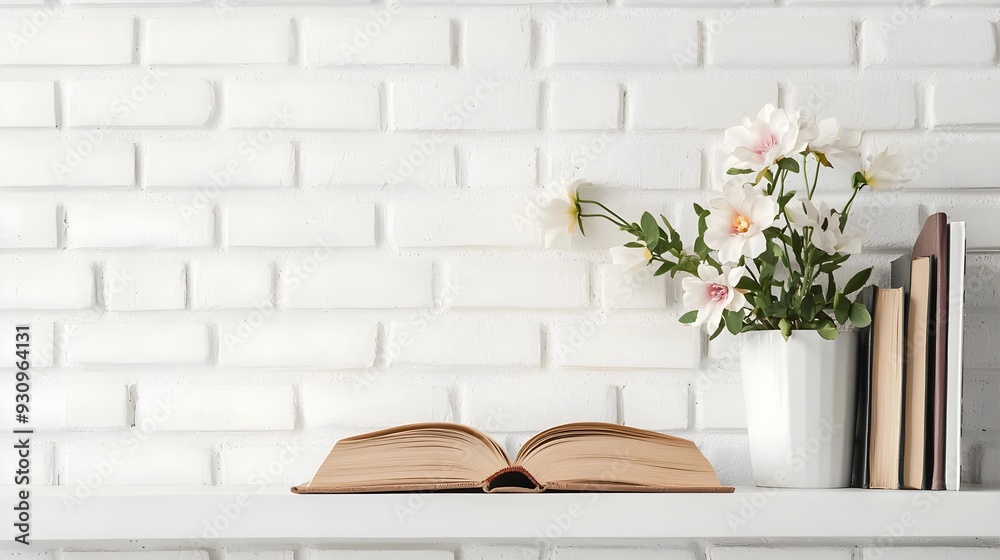 Shelf with a book and flower against a white brick wall Shelf with a book and flower against a white brick wall