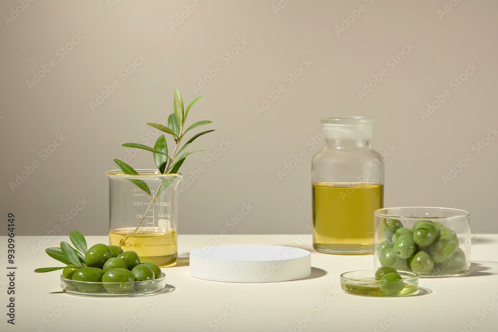 A glass bowl and petri dish filled with fresh green olives, and a larger glass jar and beaker with an olive branch filled with oil. Natural concept for beauty care product