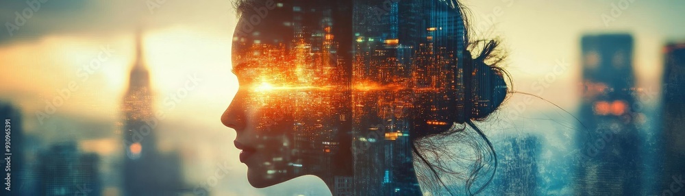 A stunning double exposure of a woman's profile against a vibrant city skyline, symbolizing dreams and aspirations. A stunning double exposure of a woman's profile against a vibrant city skyline, symbolizing dreams and aspirations.