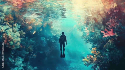 A serene underwater scene showcasing a diver exploring vibrant coral reefs in clear blue water.