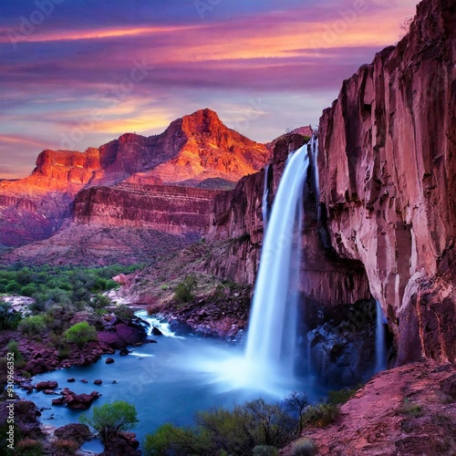 grand canyon sunset and waterfall