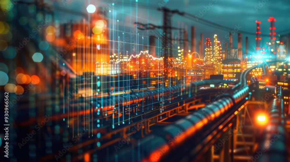 Fototapeta premium Industrial Cityscape at Night with Data Overlay