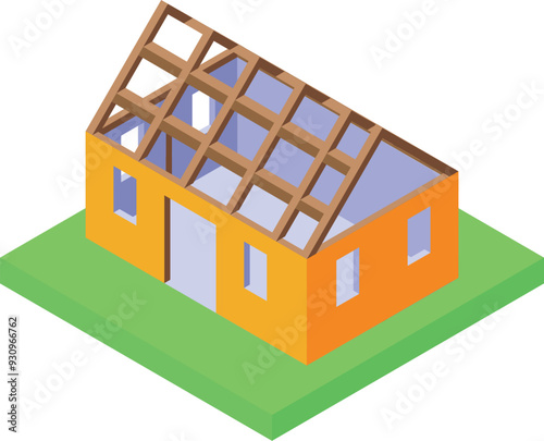 Isometric view of a house during construction showing the roof being built on a green patch of land