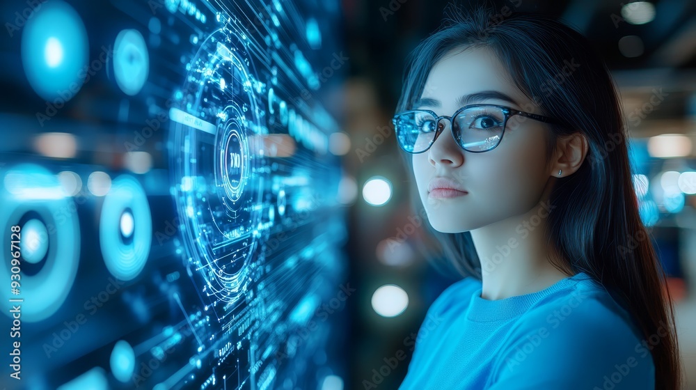 Young woman analyzing futuristic digital interface Young woman analyzing futuristic digital interface