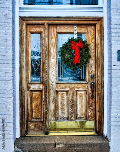 A Christmas wreath hangs on a front door to spread holiday cheer.