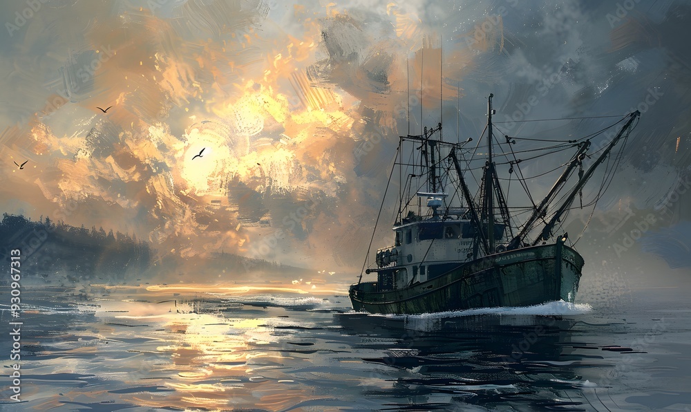 Naklejka premium Return of the fishing seiner after the catch. 