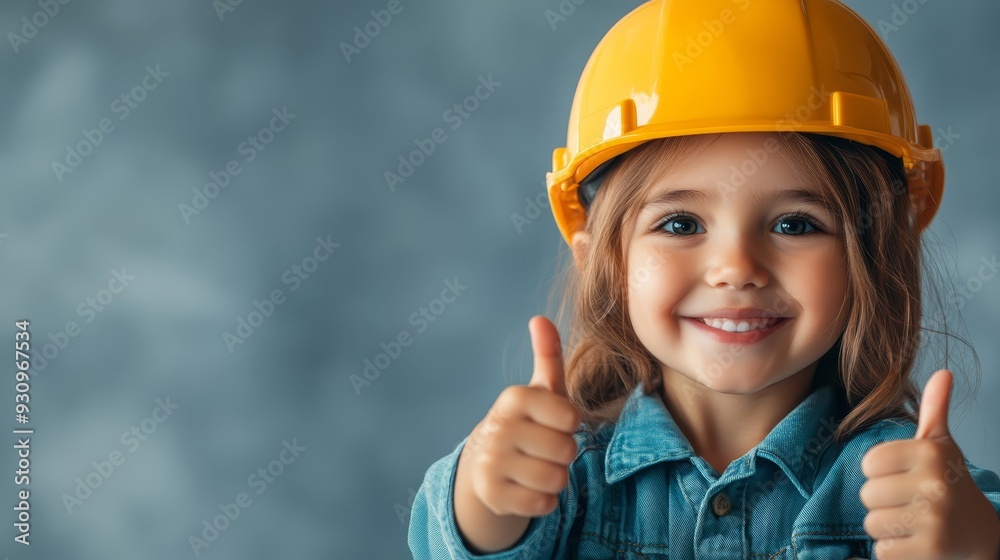 Smiling girl in hard hat giving thumbs up Smiling girl in hard hat giving thumbs up