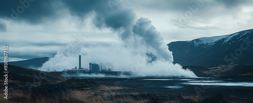 "A Geothermal Power Plant in Iceland with Steam Rising from the Plant, Showcasing Renewable Energy Technology and Natural Power Sources in a Stunning Icelandic Landscape"