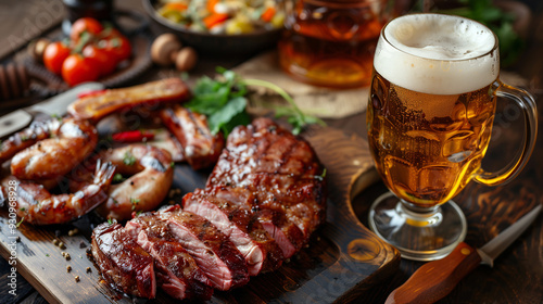 Oktoberfest background. Close up of a wooden table full of steaks and beers.