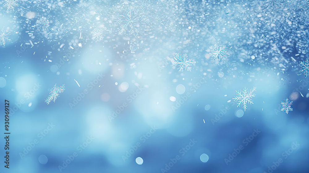 Abstract snow background. Snowflakes and falling snow on blue bokeh background