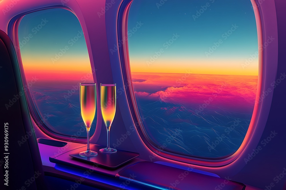 Fototapeta premium Champagne and Sunset View from Airplane Window.