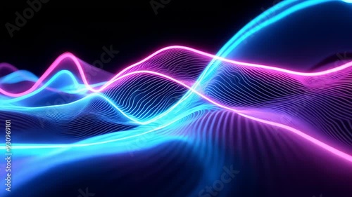 Vibrant neon waves undulate in a dark void. Flowing light streams in blues and pinks create mesmerizing contrast against black background. Abstract digital art conveys motion and energy.