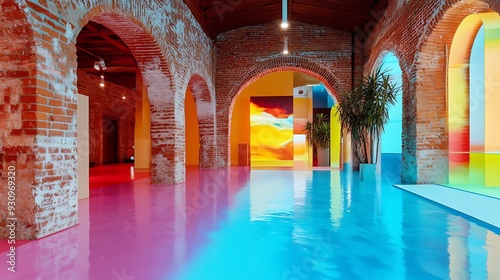 Brick Arches Reflect in a Pool of Blue and Pink Water.