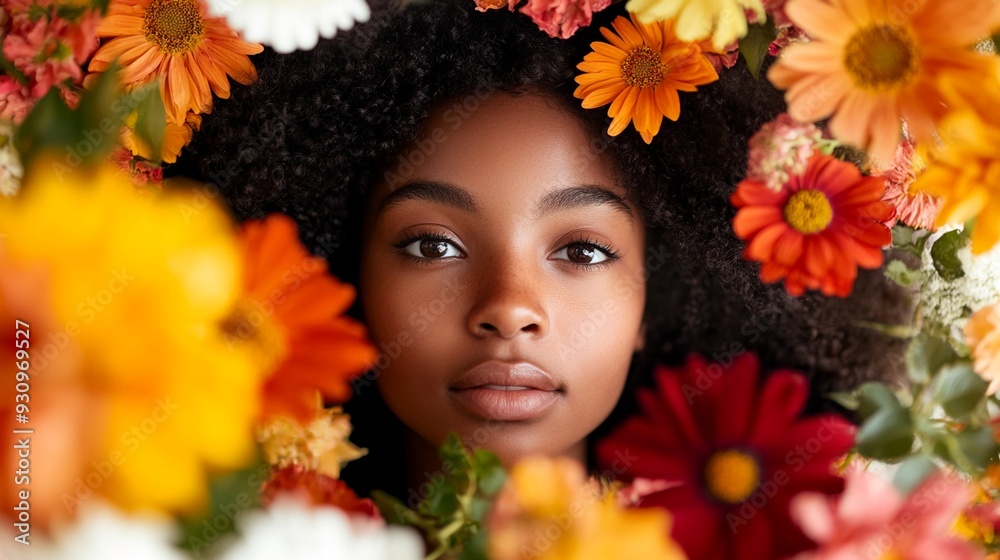 Portrait of a sensitive african american young female model surrounded by colorful orange tune autumn daisy flowers isolated on white, cropped woman face close up. Portrait of a sensitive african american young female model surrounded by colorful orange tune autumn daisy flowers isolated on white, cropped woman face close up.