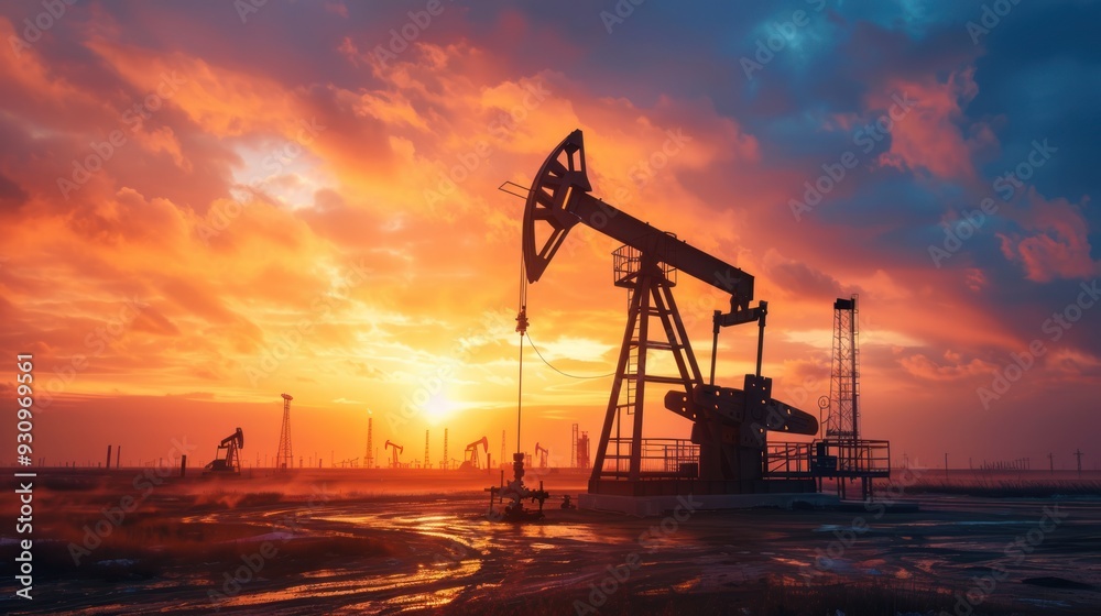 Oil Pump Silhouette Against Dramatic Sunset Oil Pump Silhouette Against Dramatic Sunset
