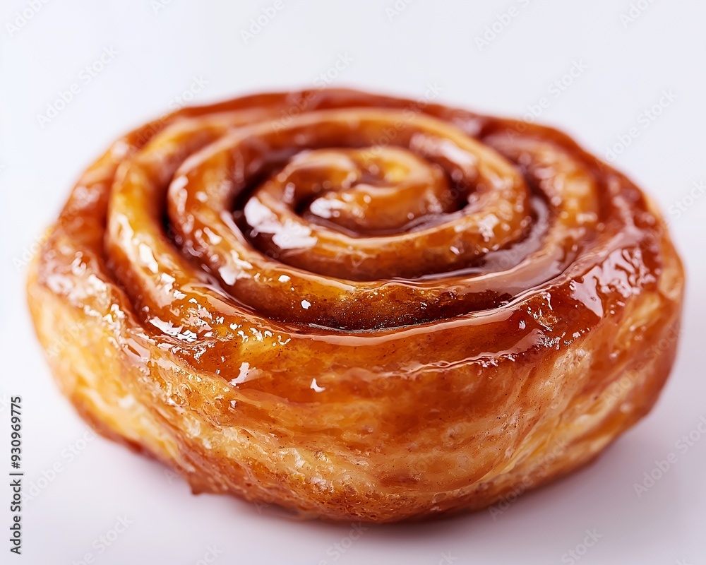 A close-up view of a freshly baked cinnamon roll, with a glossy glaze on top, set against a white background. A close-up view of a freshly baked cinnamon roll, with a glossy glaze on top, set against a white background.