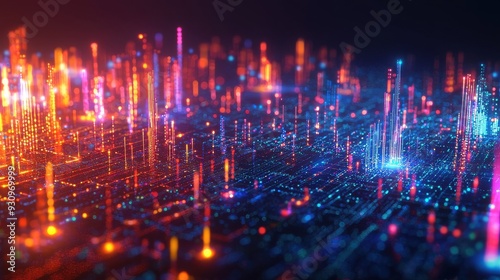 Wallpaper Mural Futuristic chart depicting data flows in a smart city, with bright, neon-colored streams of information connecting buildings, vehicles, and infrastructure in a complex, interconnected web Torontodigital.ca