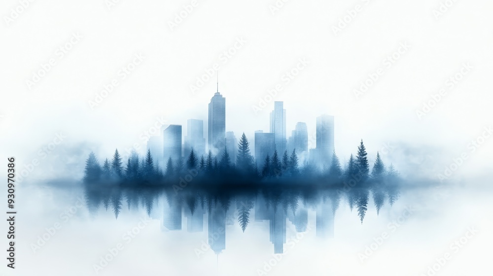 Abstract city skyline blending with forest reflection Abstract city skyline blending with forest reflection