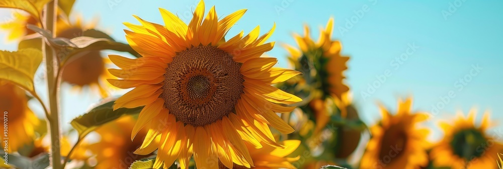 Fototapeta premium Vibrant sunflower petals and lush stems beneath a clear sky