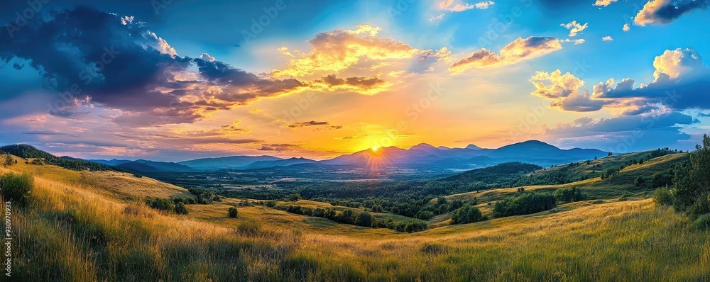 A breathtaking panoramic view of a sunset over rolling hills, showcasing vibrant colors and a tranquil landscape. A breathtaking panoramic view of a sunset over rolling hills, showcasing vibrant colors and a tranquil landscape.