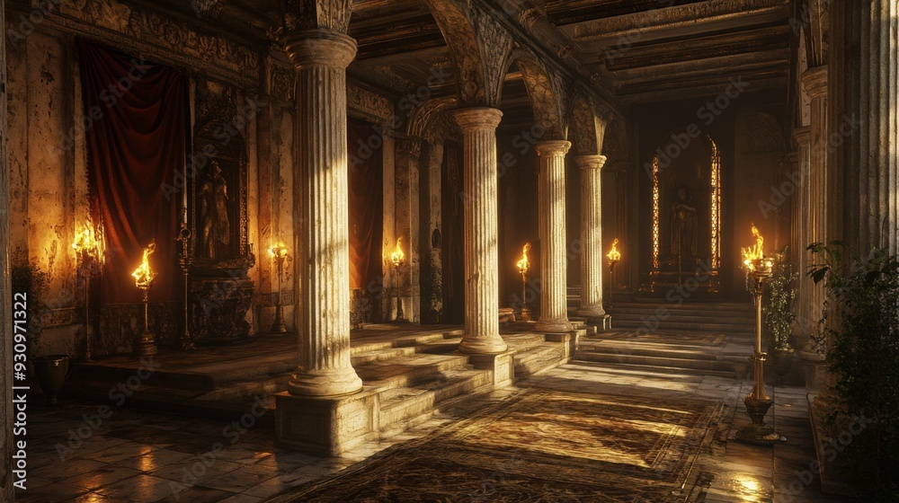 Fototapeta premium A grand hall with marble columns, a throne, and torches casting a warm glow.