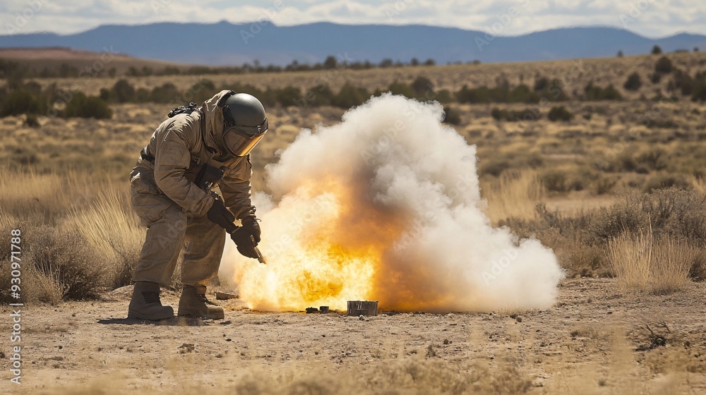 A skilled explosives worker wearing safety gear is preparing a controlled detonation in a remote location