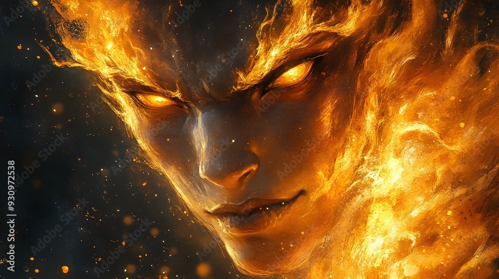 Fierce Demonic Face Engulfed in Flaming Golden Fury and Abstract Dark Backdrop Fierce Demonic Face Engulfed in Flaming Golden Fury and Abstract Dark Backdrop