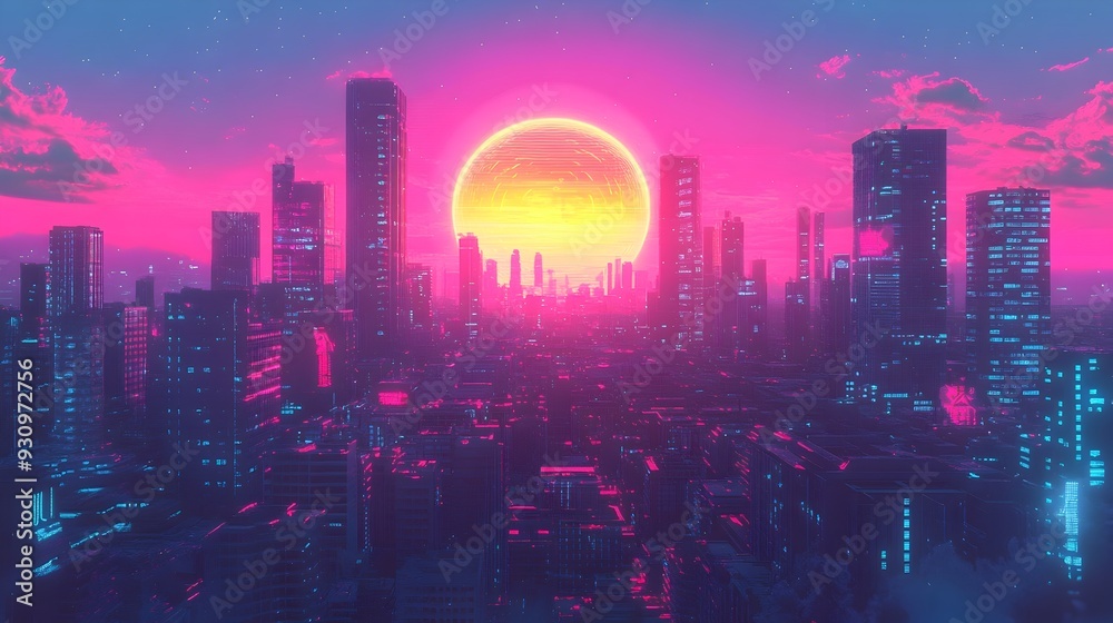 Fototapeta premium Glowing Synthwave Sunset Over Retro Cityscape in Anime Aesthetic